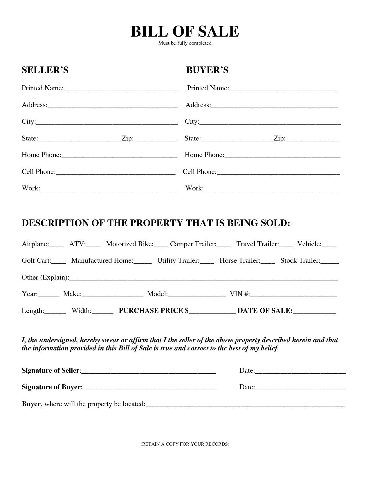 Free Printable Template For Bill Of Sale