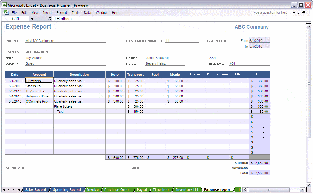 Expense Report Spreadsheet Template Excel