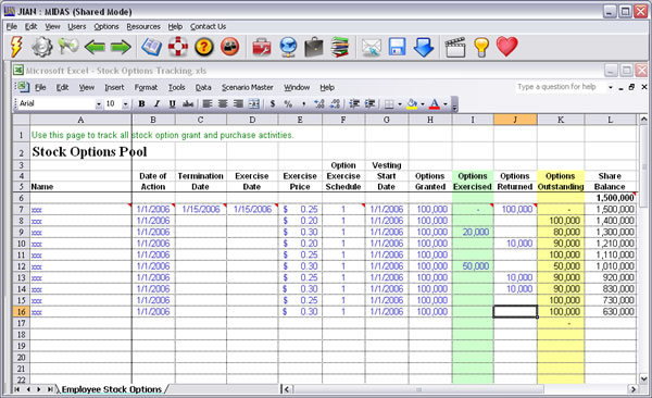 employee stock option tracking spreadsheet