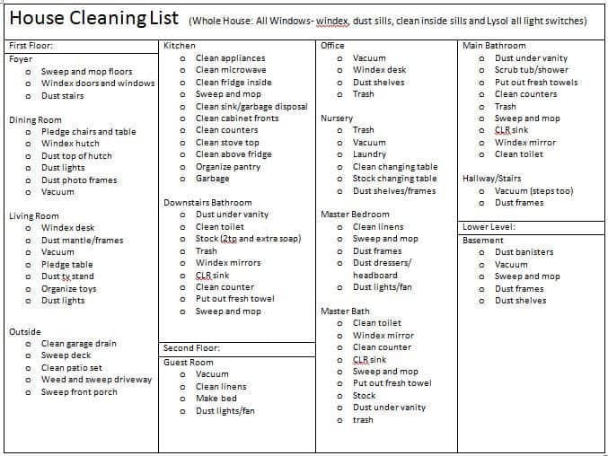 house cleaning list template 555