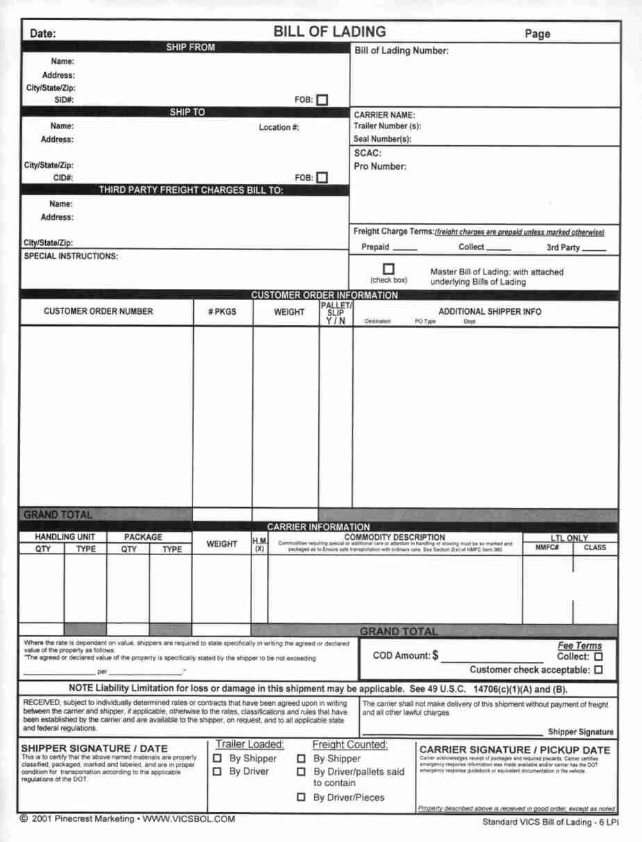 bill of lading template 658