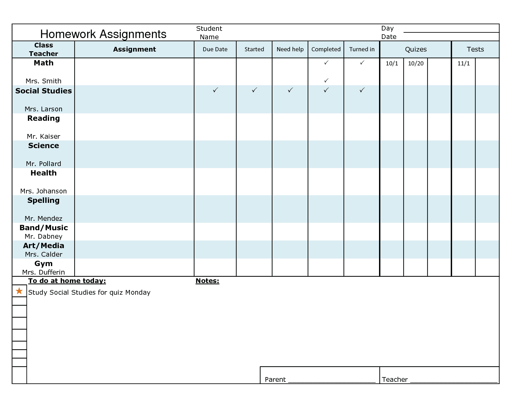 homework tracker template