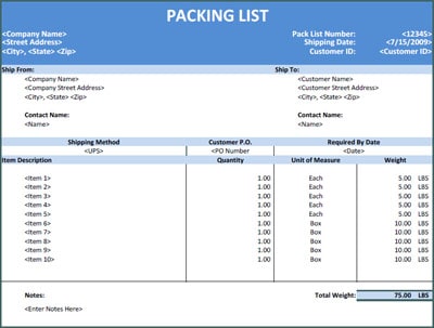 packing list template 25525