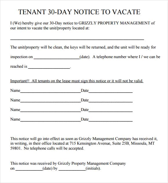 30 Days Notice for Eviction Templates