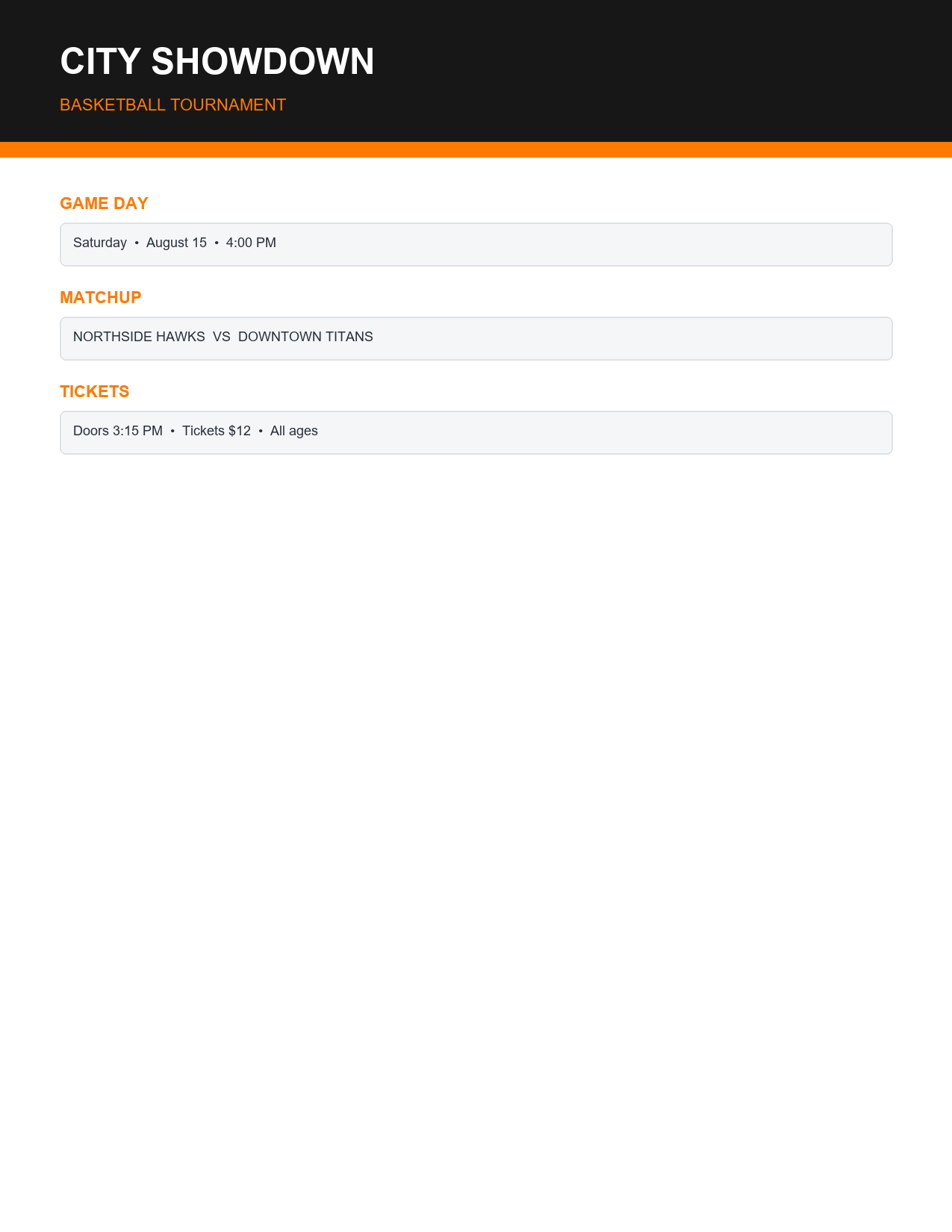 Orange and black basketball tournament flyer template preview