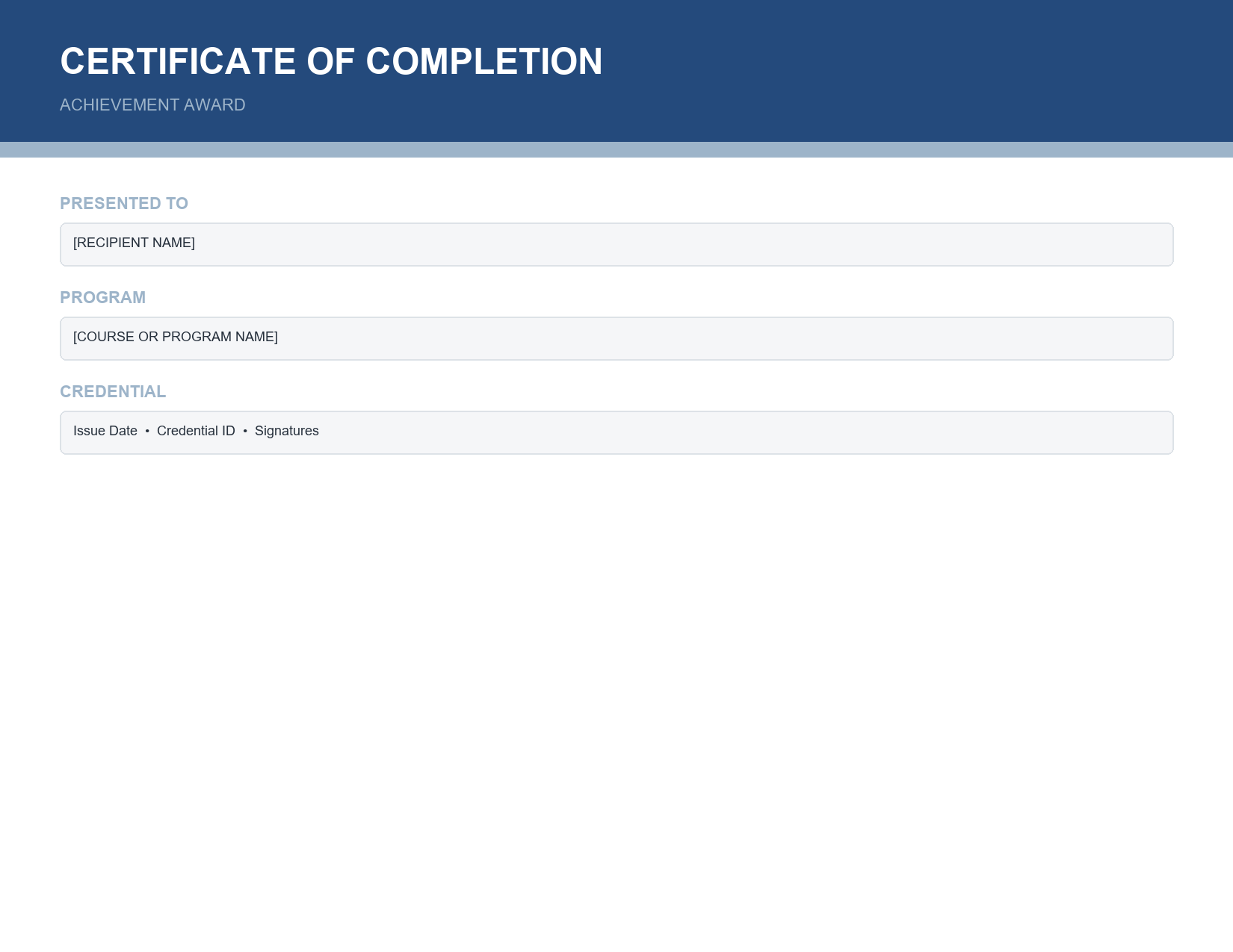 Blue and silver certificate of completion template preview