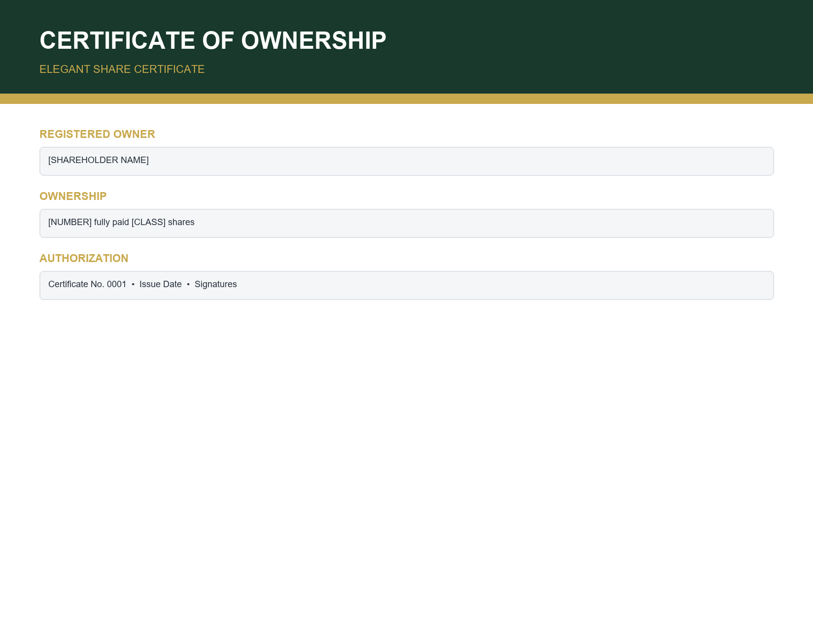 Elegant green and gold share certificate template preview