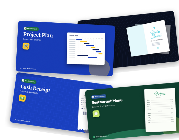Examples of Word and Excel templates: receipt, wedding invitation, project plan and menu