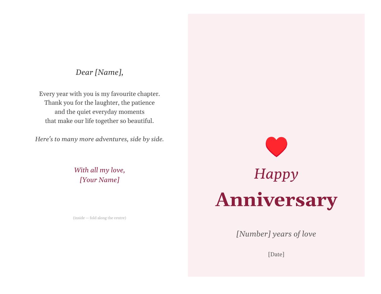 Printable fold-in-half anniversary card template in Word with Happy Anniversary cover, heart design and editable inside message