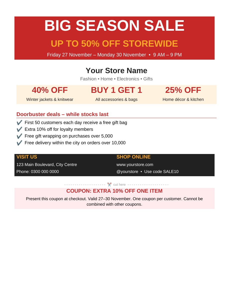 Editable Word sale flyer template with red Big Season Sale banner, up to 50 percent off headline, three discount boxes, doorbuster deals list, store address and cut-out coupon