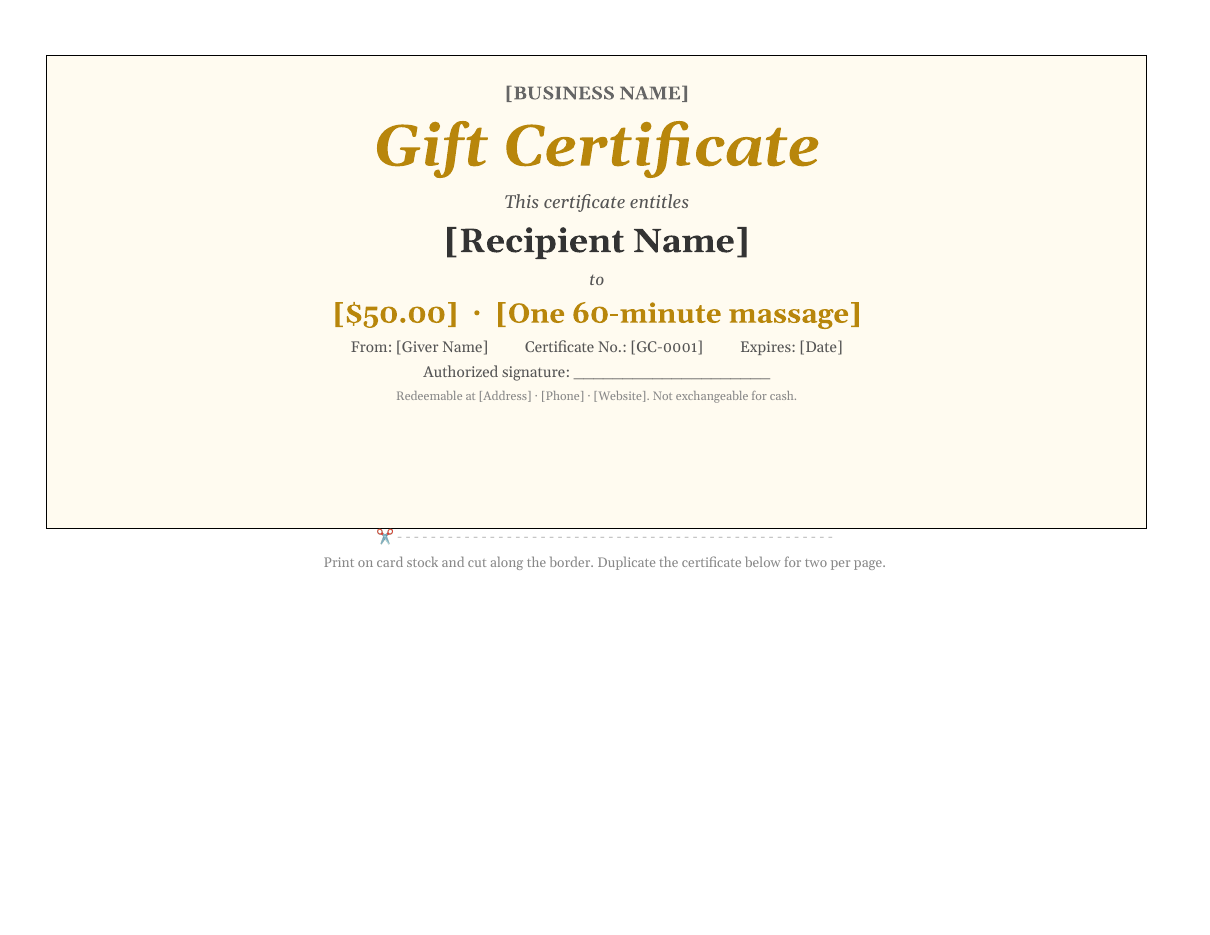 Elegant printable gift certificate template in Word with business name, gift certificate title, recipient, value or service, giver, certificate number, expiry date and signature