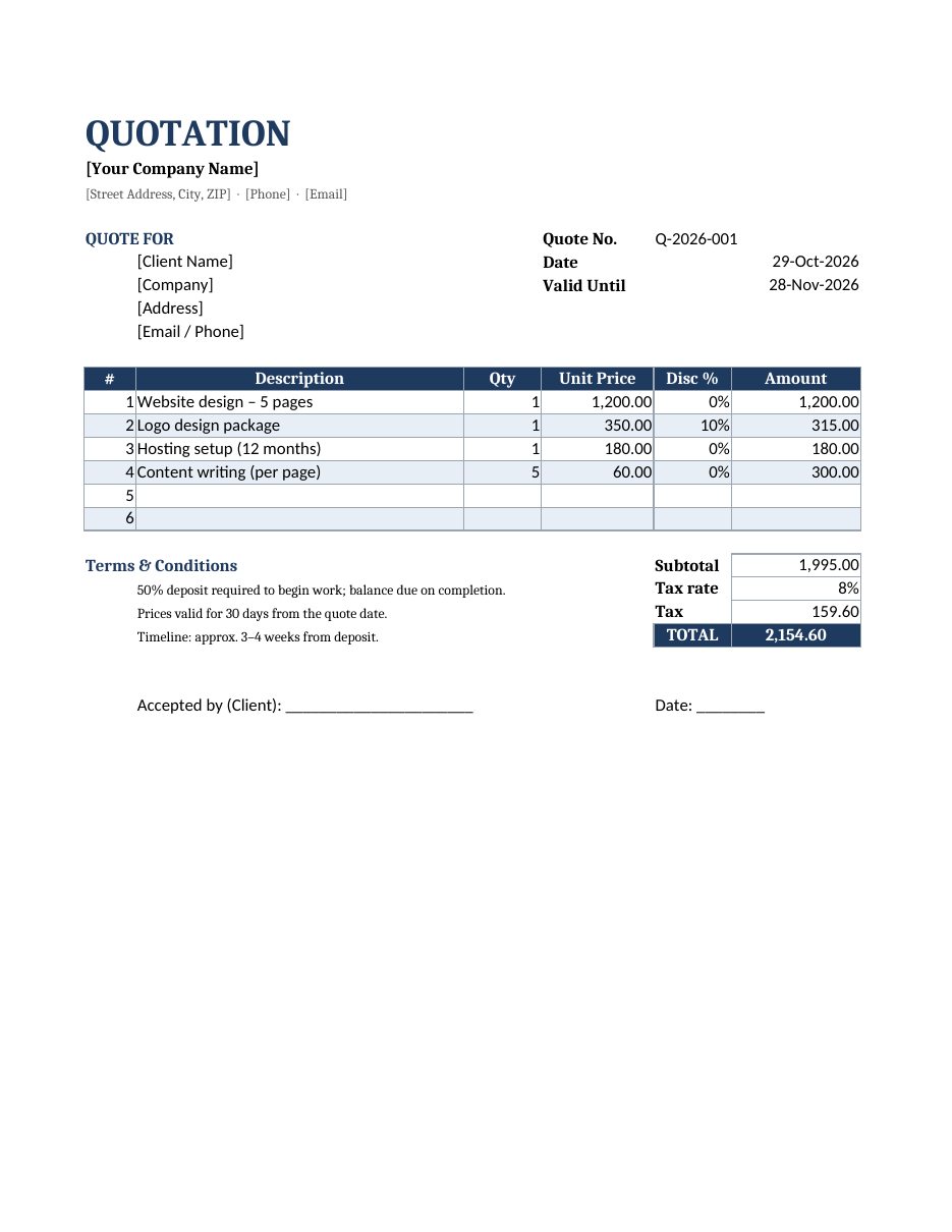 Editable Excel quotation template showing company details, quote number, date, valid-until date, itemized lines with discount, subtotal, tax, total and terms